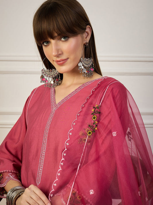 Kaily Pink Silk Embroidered Kurta with Trousers & Dupatta Suits - FitVibe Fashion