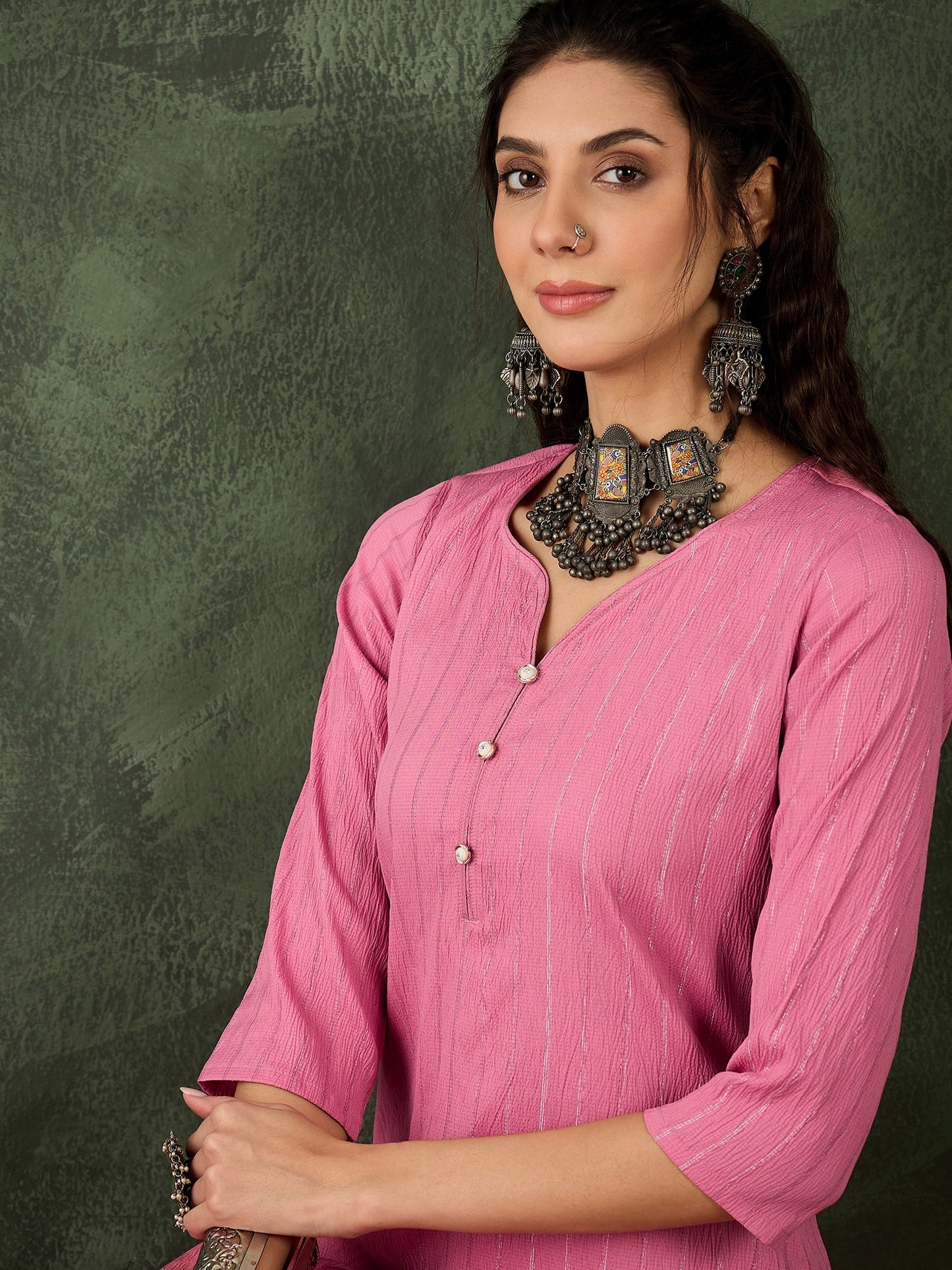 Samara Women's Office, Festive Wear Pink Straight Kurta & Pant, Co-ord Set - FitVibe Fashion