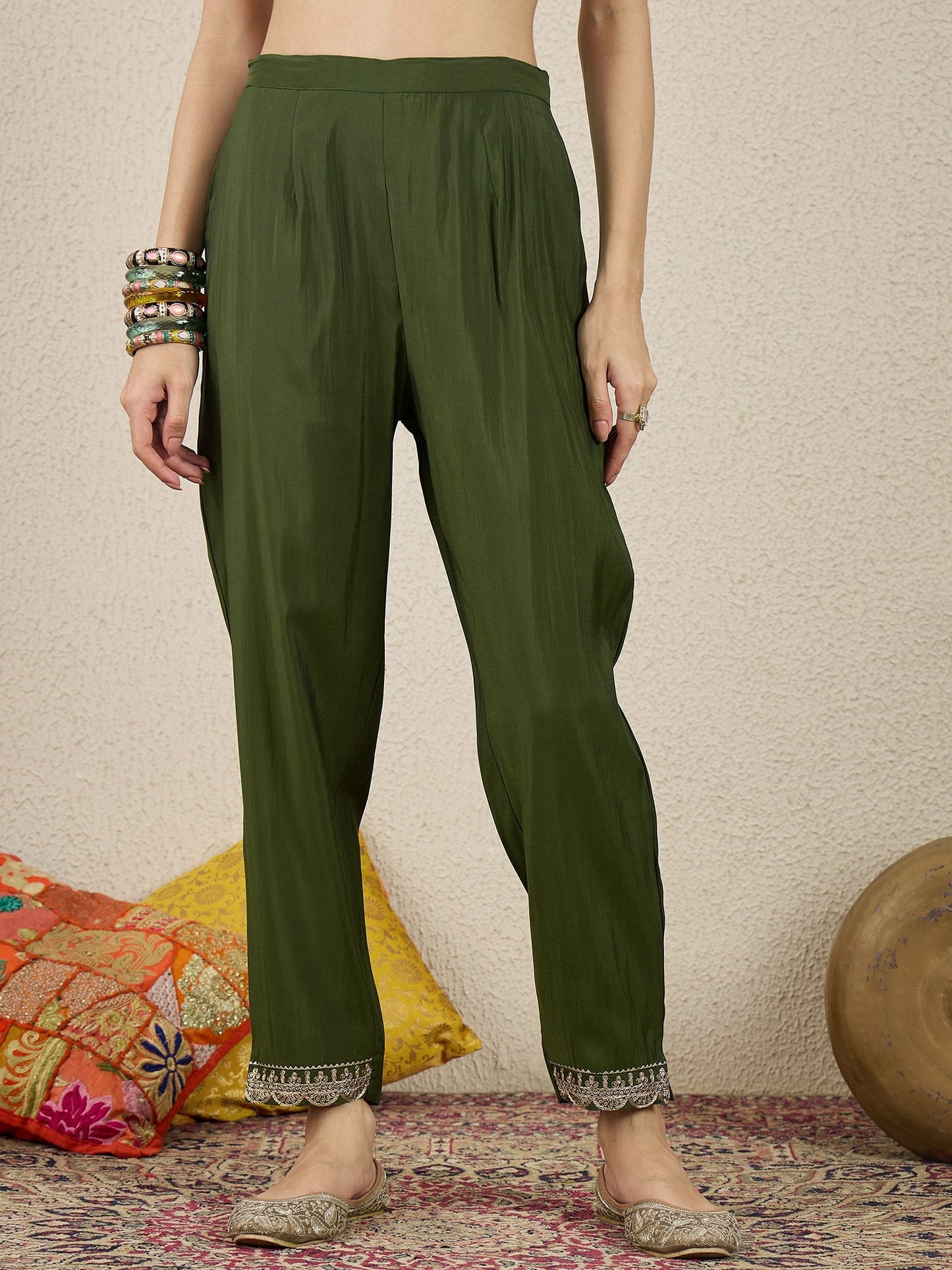 Golden Husk Mehndi Embroidered Silk Blend Anarkali Suit Set With Dupatta - FitVibe Fashion