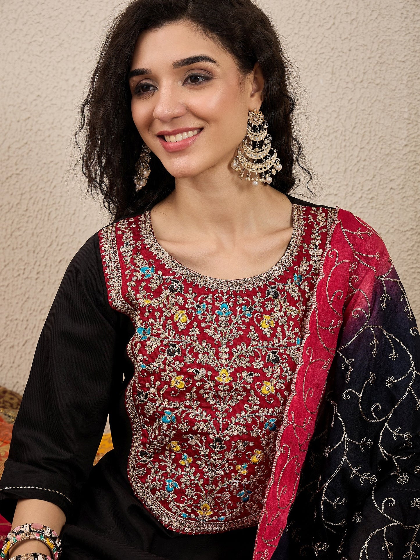 Ruchita Embroidery Straight Black Kurta & Pant with Dupatta Set - FitVibe Fashion