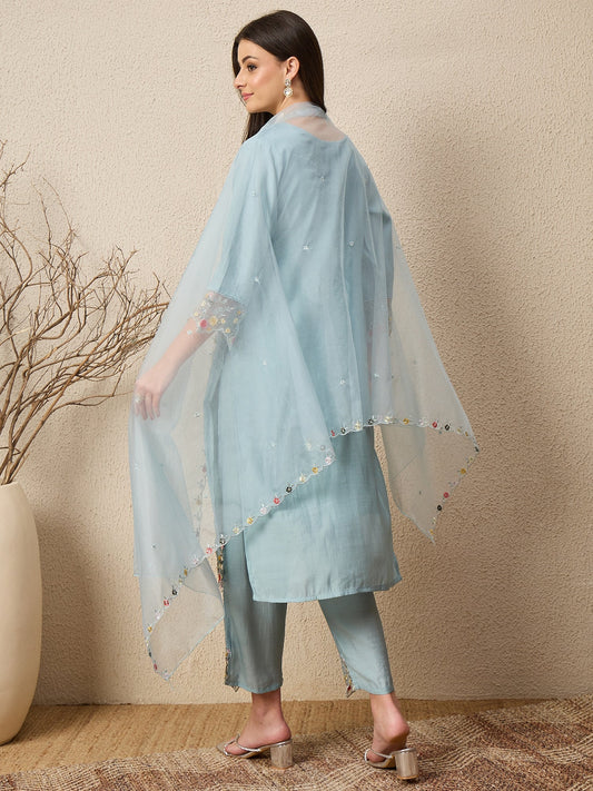 Noor-e-Nazaara Sky Women Silk Blend Kurta and Trousers Pant Set - FitVibe Fashion