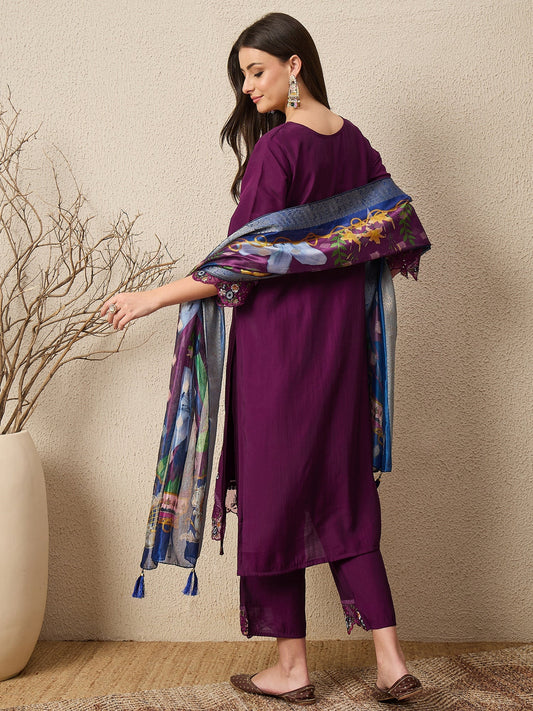 RajRani Purple Women Silk Blend Kurta and Trousers Pant Set - FitVibe Fashion