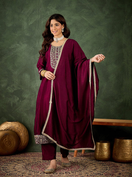 Ekaaya Women's Embroidered Silk Blend Anarkali Kurta Pant With Dupatta Set - FitVibe Fashion