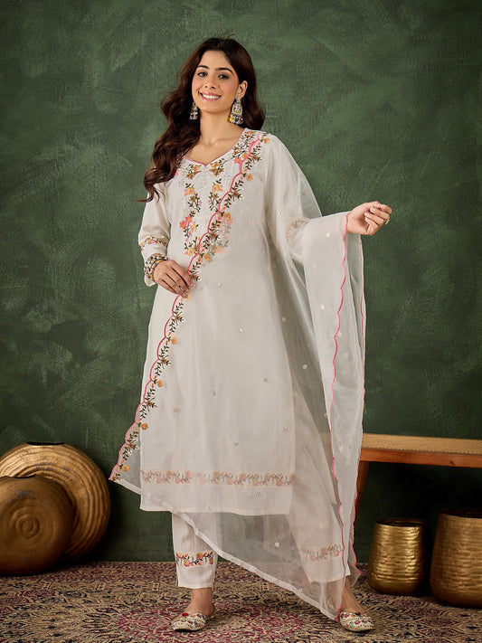 Malaika White Women Floral Embroidered Regular Kurta with Trousers & Dupatta Suit Sets - FitVibe Fashion