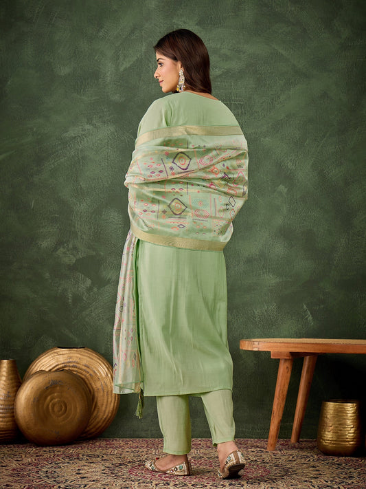 Vasant Women's Embroidered Sea Green Silk Blend Straight Suit Set with Dupatta - FitVibe Fashion