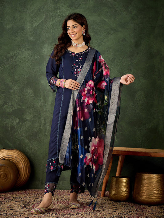 Devanshi Viscose Roman Silk Calf Length Kurta Set Dupatta - FitVibe Fashion