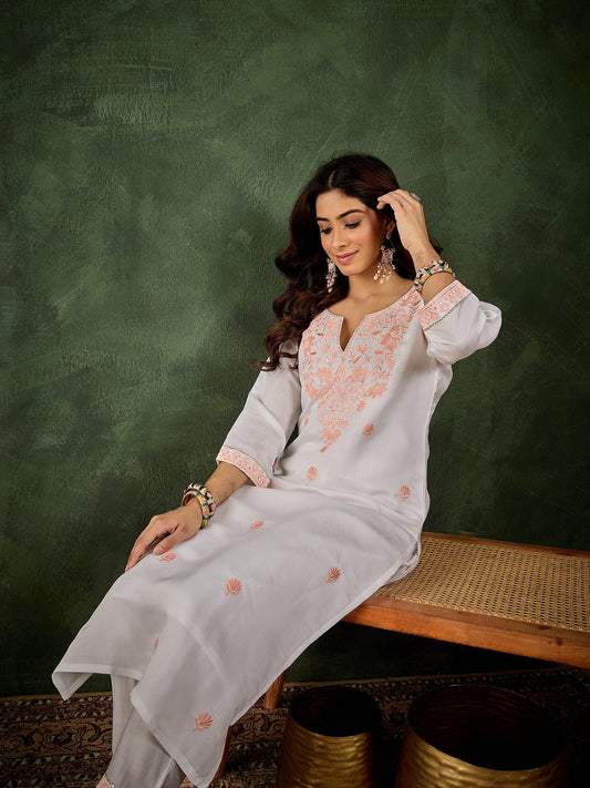 Rutu Women's Silk Blend Embroidered Straight Kurta & Pant Set - FitVibe Fashion
