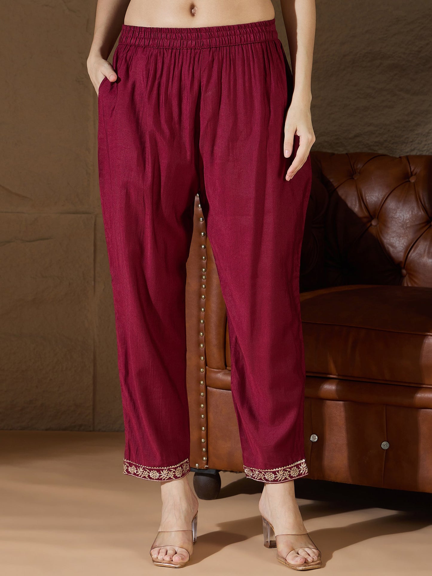 Chitra Charm Maroon Yoke Design Silk Blend Straight Suit With Dupatta - FitVibe Fashion