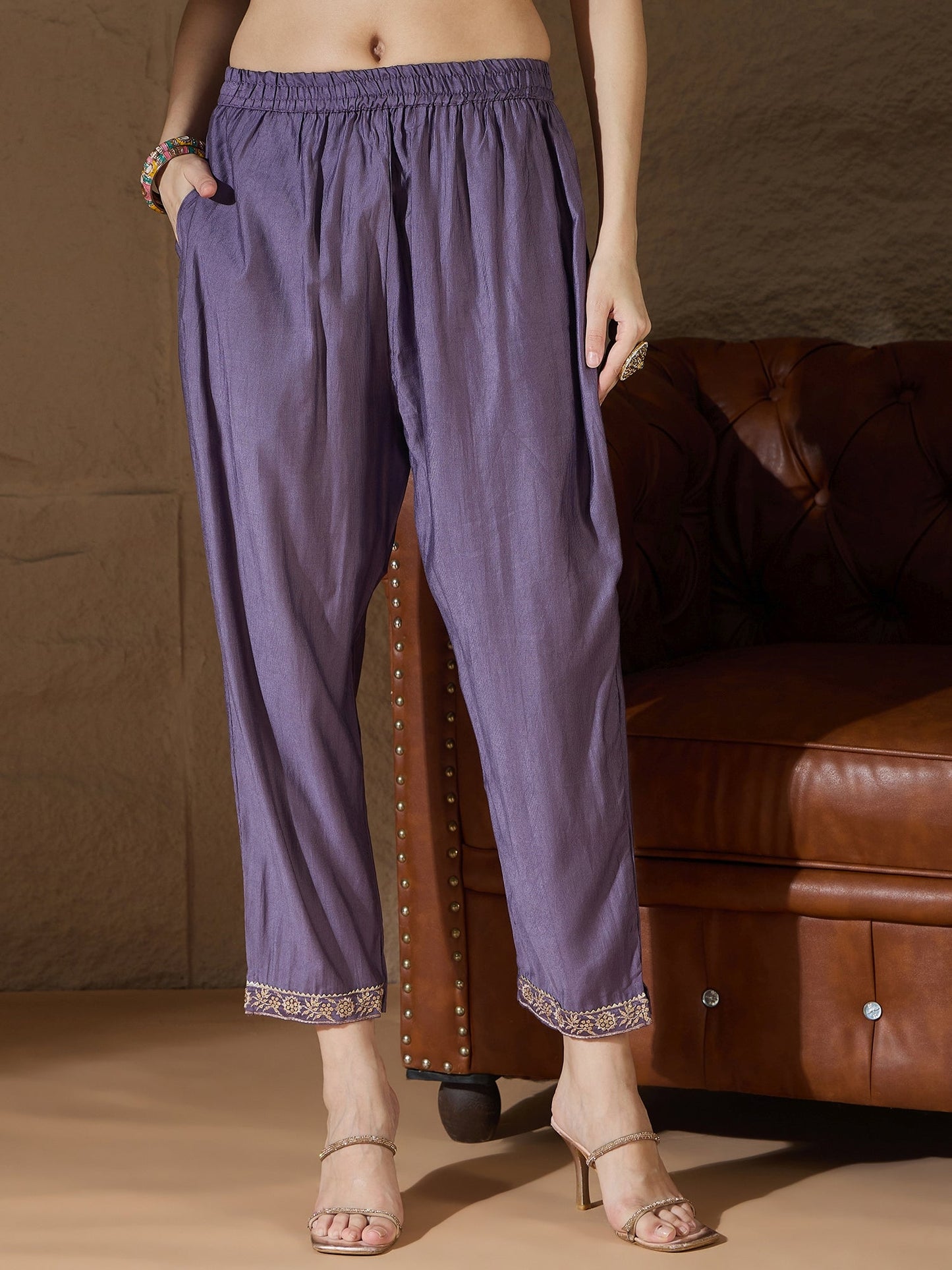 Chitra Charm Lavender Yoke Design Silk Blend Straight Suit With Dupatta - FitVibe Fashion