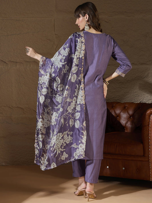 Chitra Charm Lavender Yoke Design Silk Blend Straight Suit With Dupatta - FitVibe Fashion