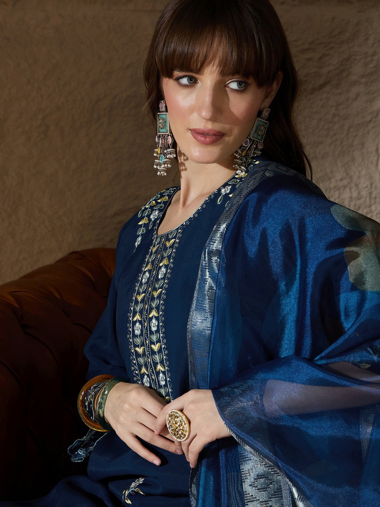 Simran Silk Blend Blue Embroidered Design Straight Kurta suits - FitVibe Fashion