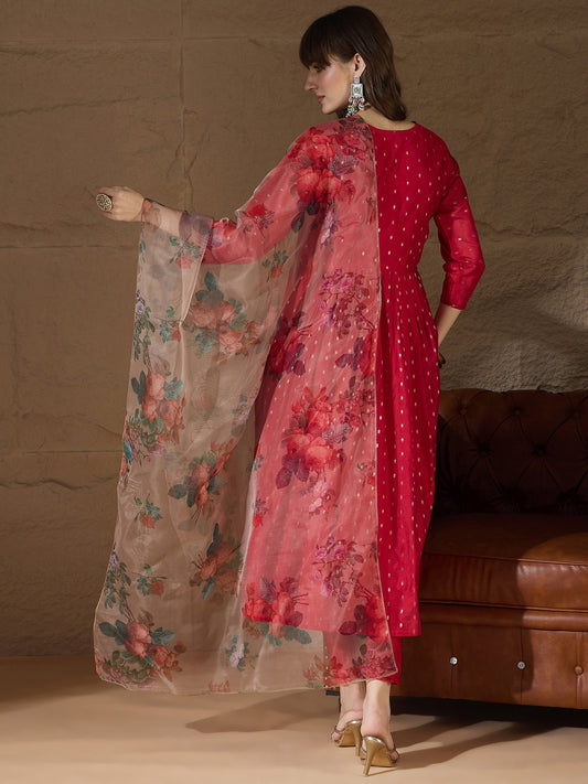 Neelangi Red Women Kurta and Leggings Duppata Set Chanderi Modal Butti - FitVibe Fashion