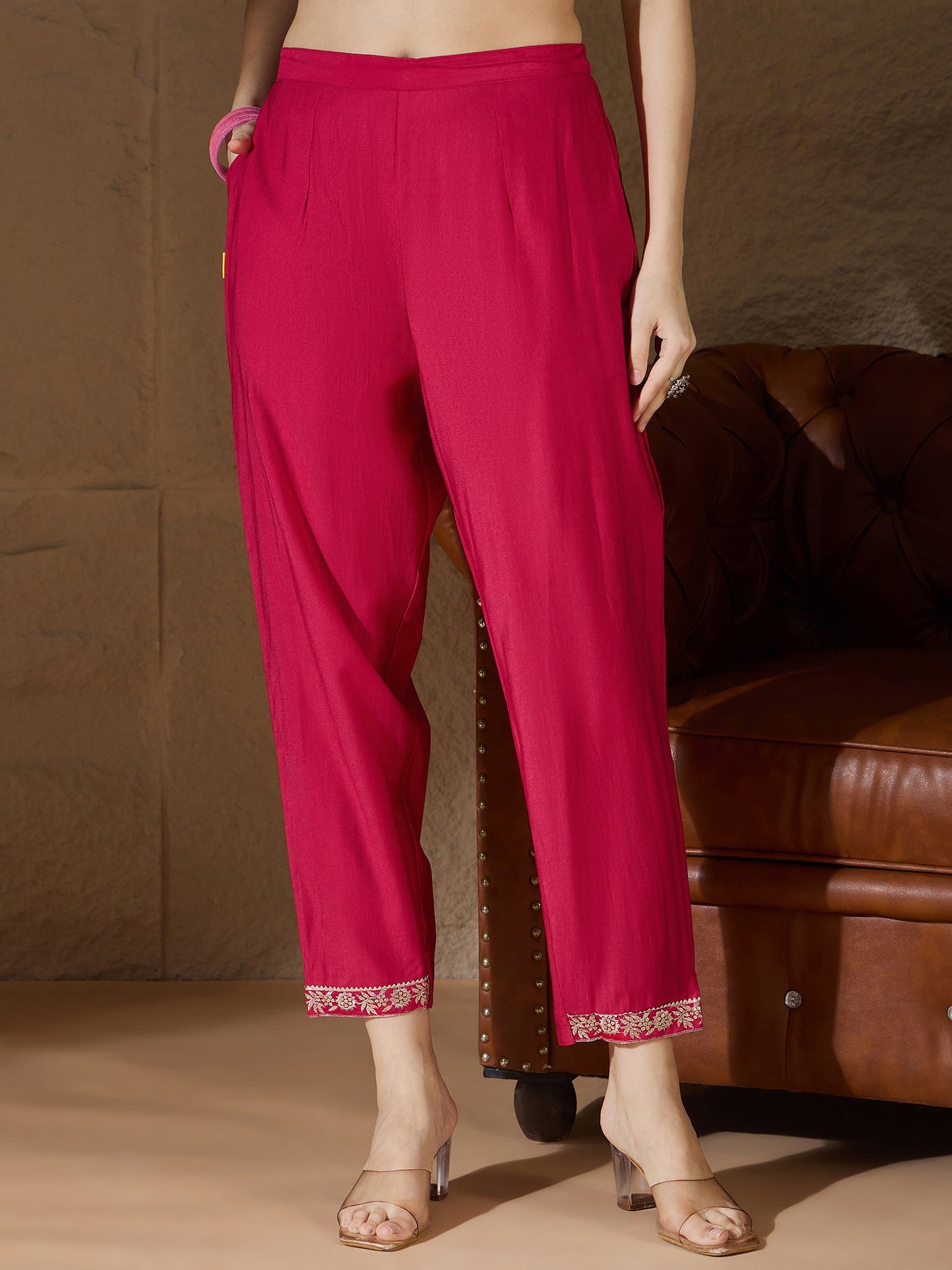 Chitra Charm Pink Yoke Design Silk Blend Straight Suit With Dupatta - FitVibe Fashion