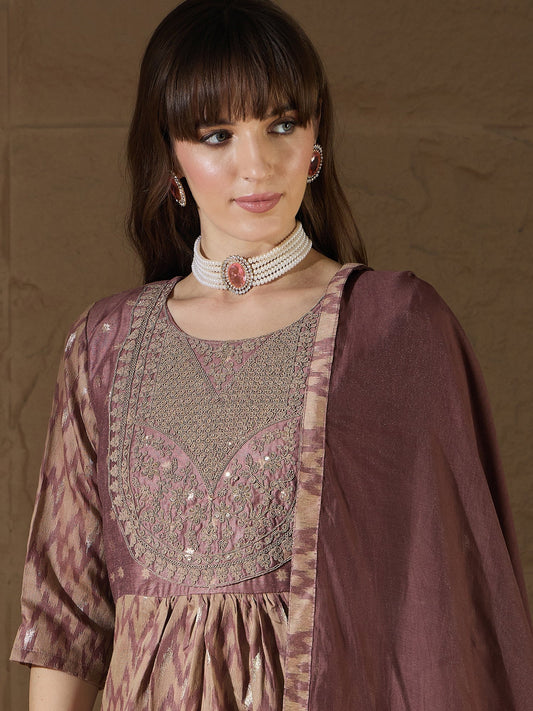 Nirmala Cocoa Cotton Silk Embellished Flared Suit Set - FitVibe Fashion