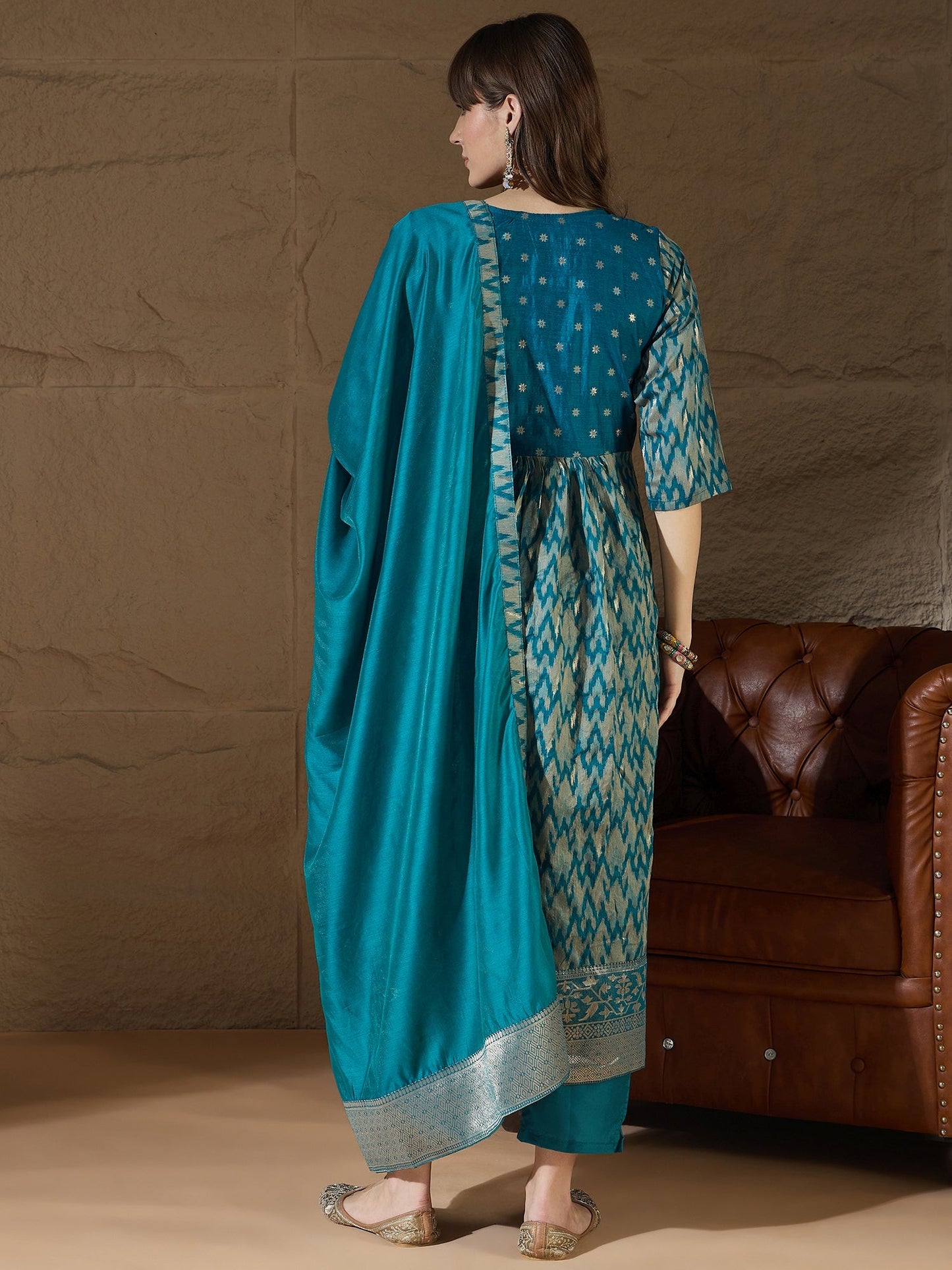 Saiyaara Teal Blue Cotton Silk Embellished Flared Suit Set - FitVibe Fashion