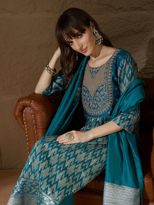 Saiyaara Teal Blue Cotton Silk Embellished Flared Suit Set - FitVibe Fashion