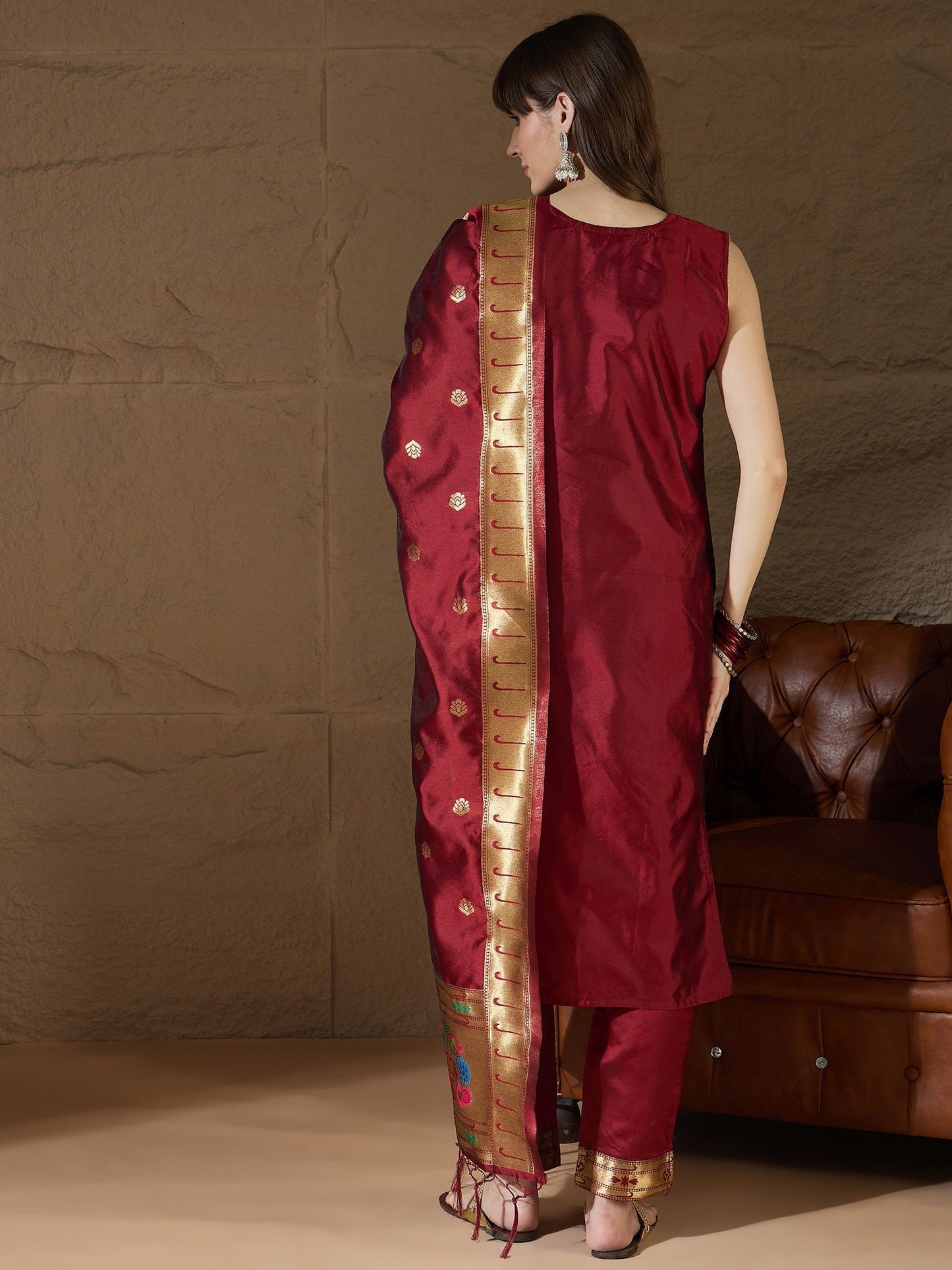 Cotton Silk Maroon Jacquard Kurta Pant With Banarasi Silk dupatta - FitVibe Fashion