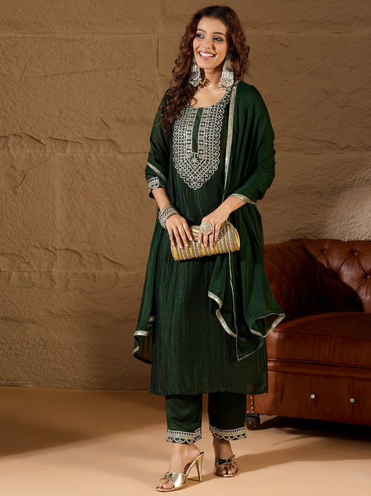 Green Silk Blend Yoke Design Kurta and Trousers Pant Set - FitVibe Fashion
