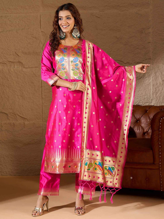 Aanira Pink Cotton Silk Jacquard Kurta Pant With Banarasi Silk dupatta