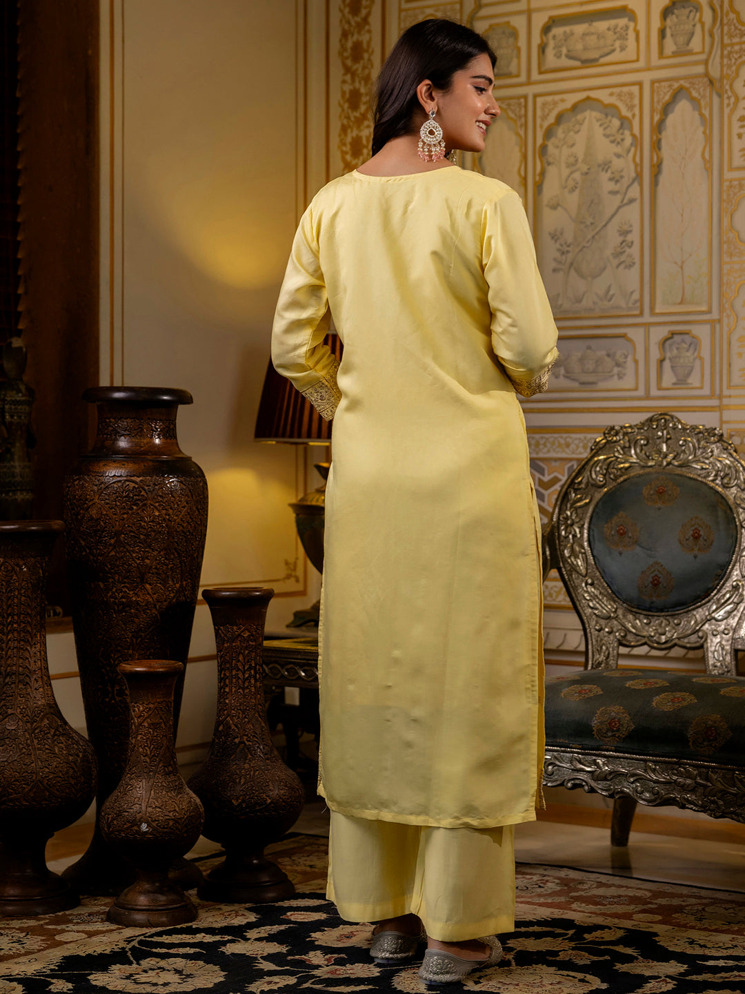 Women's Embroidered Silk Blend Calf Length Straight Kurta with Palazzo & Dupatta Set - FitVibe Fashion