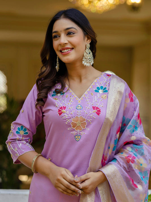 Nyra Lavender floral Placement Print Viscose Silk Suit Set with Sequence and Hand work - FitVibe Fashion