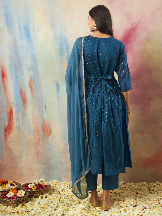 Nritya Women Flared Kurta and Trousers Pant Set Cotton Silk Blend - FitVibe Fashion