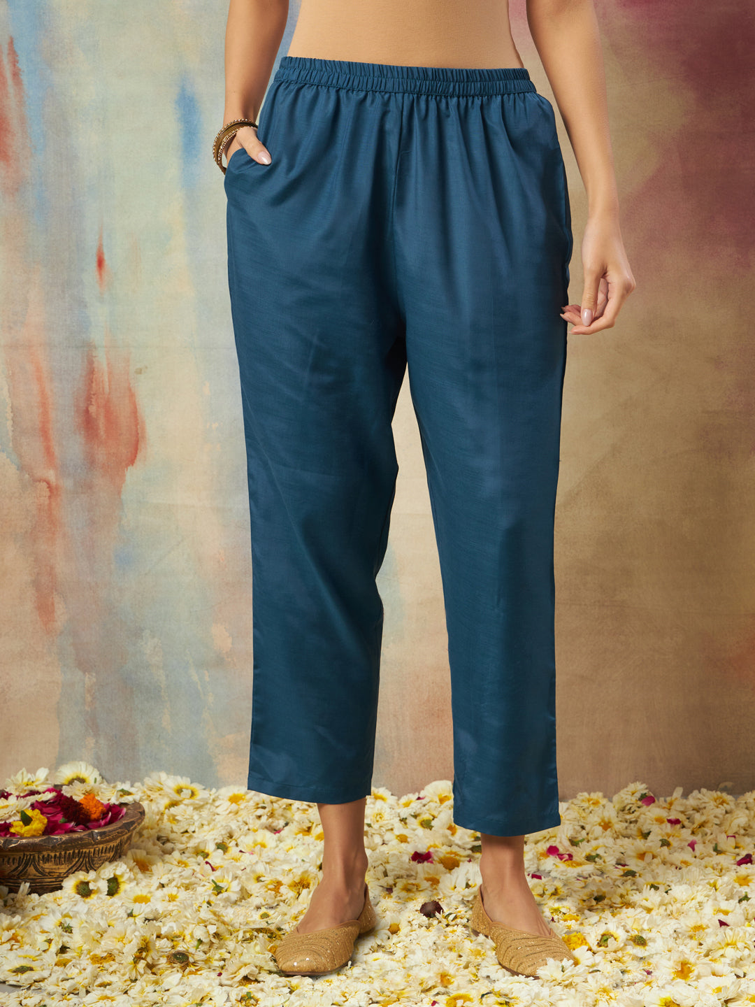 Nritya Women Flared Kurta and Trousers Pant Set Cotton Silk Blend - FitVibe Fashion