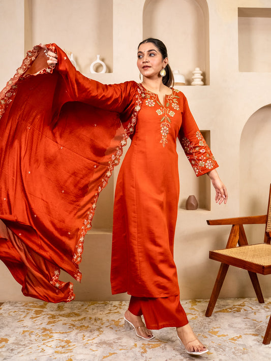 Rust Women Anarkali Kurta with Pant & Chinon Dupatta Suits, Festive Ethnic Set - FitVibe Fashion