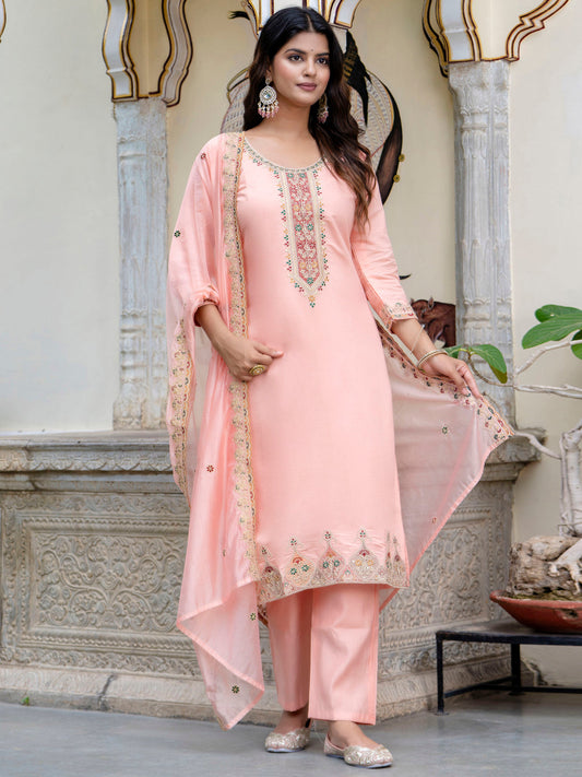 Women's Embroidered Silk Blend Calf Length Straight Kurta Trouser with Dupatta Set - FitVibe Fashion
