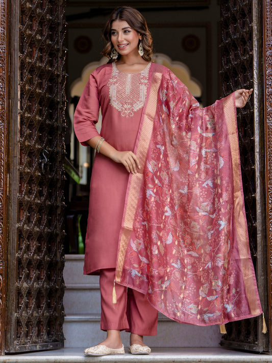 Women's Embroidered Silk Blend Calf Length Straight Kurta Trouser with Dupatta Set - FitVibe Fashion