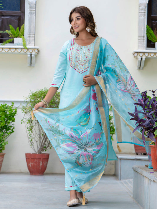 Women's Embroidered Silk Blend Calf Length Straight Kurta Trouser with Dupatta Set - FitVibe Fashion