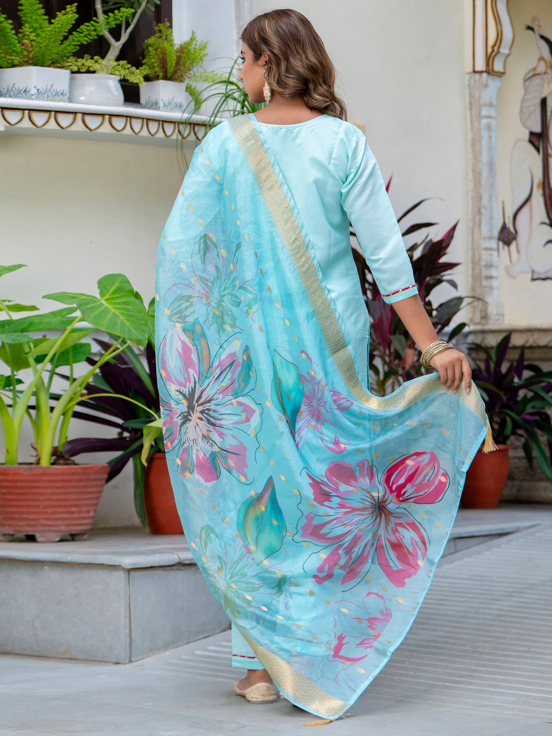 Women's Embroidered Silk Blend Calf Length Straight Kurta Trouser with Dupatta Set - FitVibe Fashion