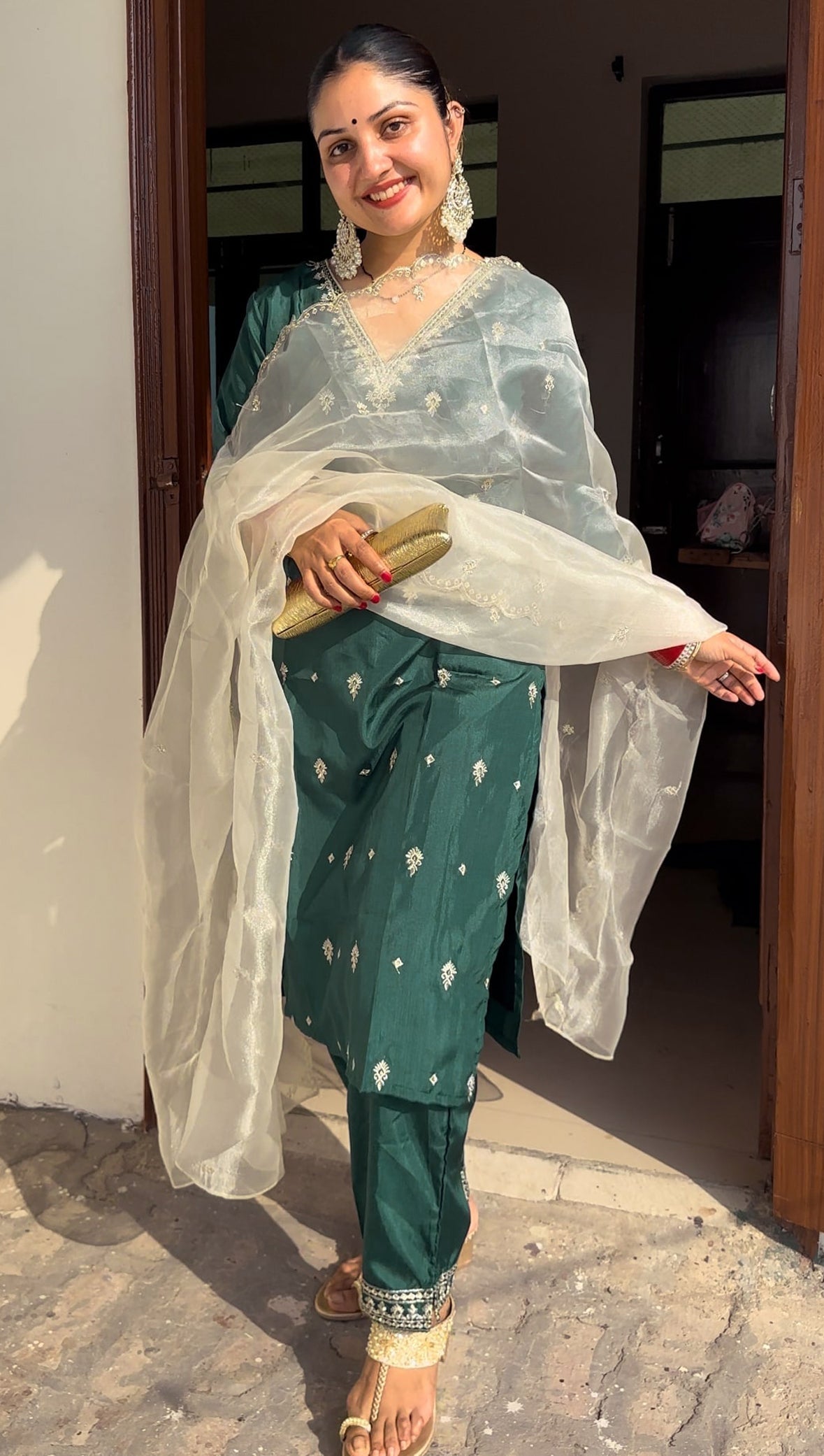 Triveni Silk Blend Kurta and Trouser Set with Organza Dupatta - FitVibe Fashion
