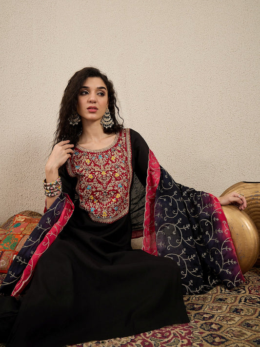 Ruchita Embroidery Straight Black Kurta & Pant with Dupatta Set - FitVibe Fashion