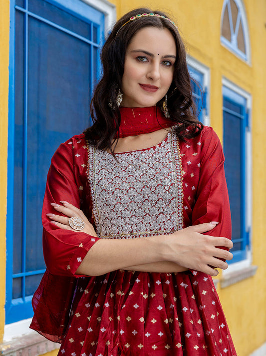 Kaveri Embroidered Chanderi Mehndi Suit Set with Dupatta Ethnic Sets - FitVibe Fashion