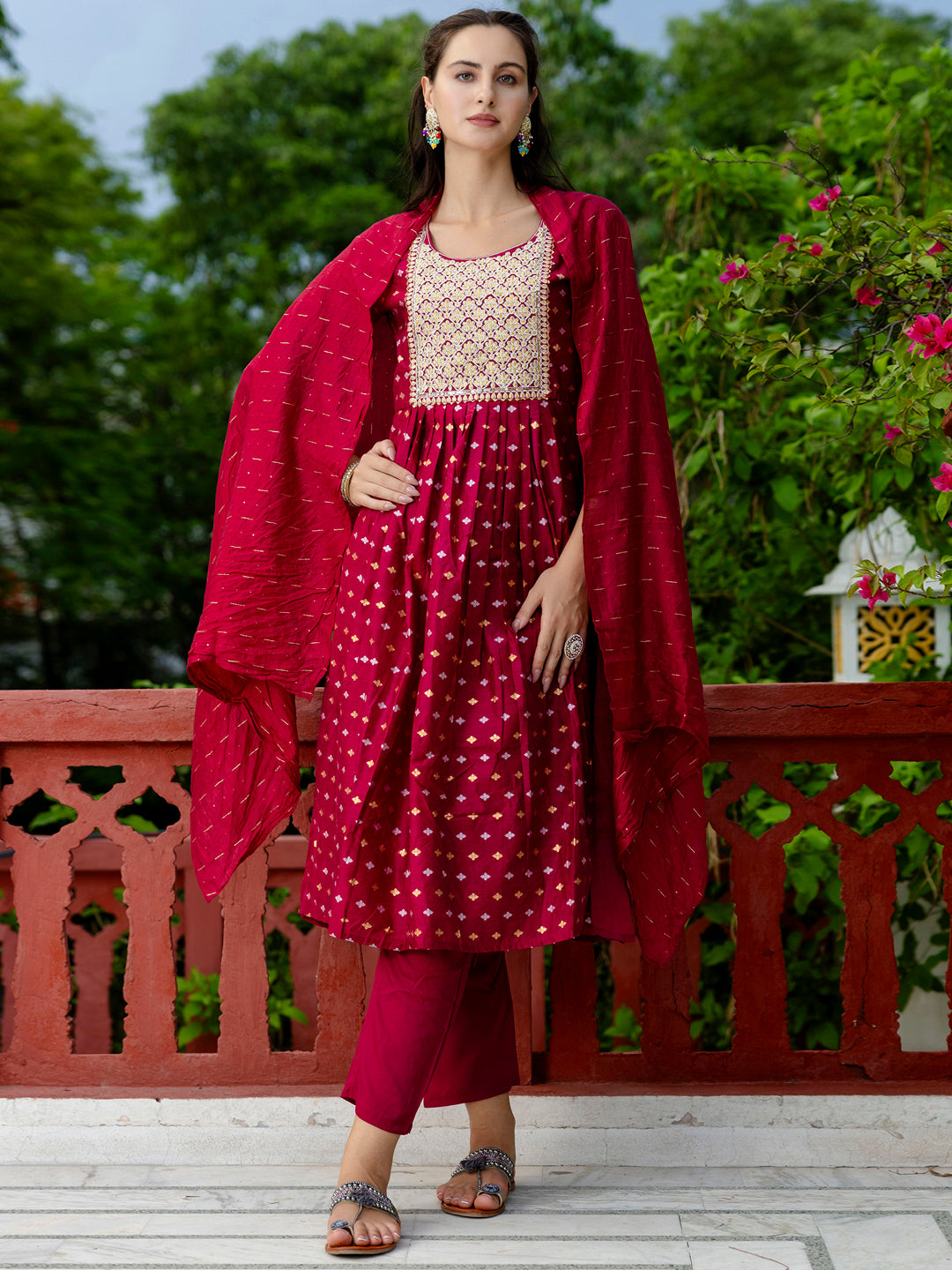 Kaveri Embroidered Chanderi Mehndi Suit Set with Dupatta Ethnic Sets - FitVibe Fashion