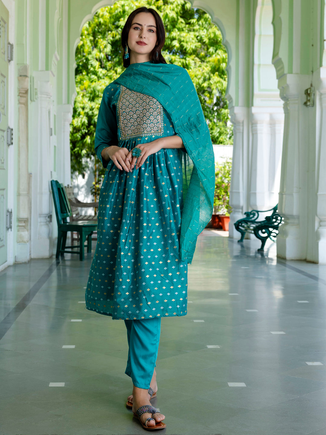 Kaveri Embroidered Chanderi Mehndi Suit Set with Dupatta Ethnic Sets - FitVibe Fashion