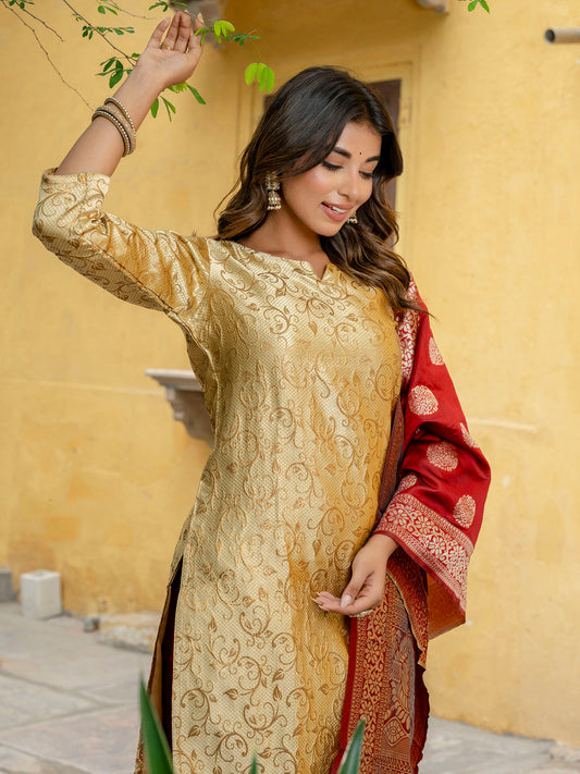 Kanishka Cotton Silk Jacquard Kurta Pant & Banarasi Dupatta Set – Elegant Party Wear Outfit - FitVibe Fashion