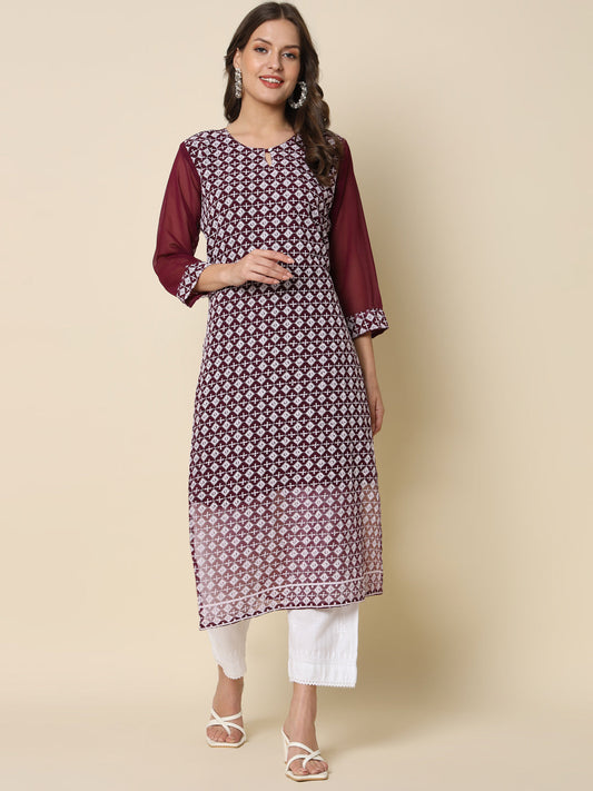 Women Chikan/ Chikankari Embroidery Georgette Straight Kurta - FitVibe Fashion