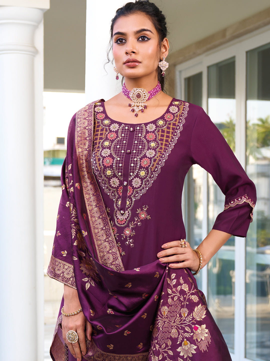 Women Kurta and Trouser Duppata Set Pure Viscose Silk - FitVibe Fashion