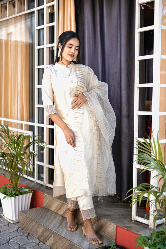 Harsita Silk Blend High Neck Kurta and Trousers Pant Set - FitVibe Fashion