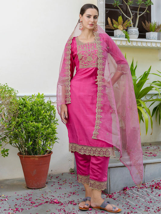 Ashvini Embroidered Kurta and Trousers Pant Set Silk Blend Set - FitVibe Fashion