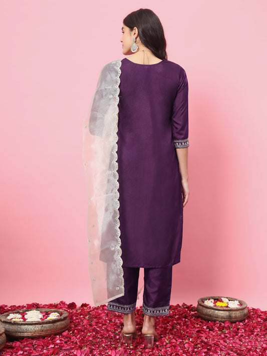 Saanjh Silk Blend Kurta and Trouser Set with Organza Dupatta - FitVibe Fashion