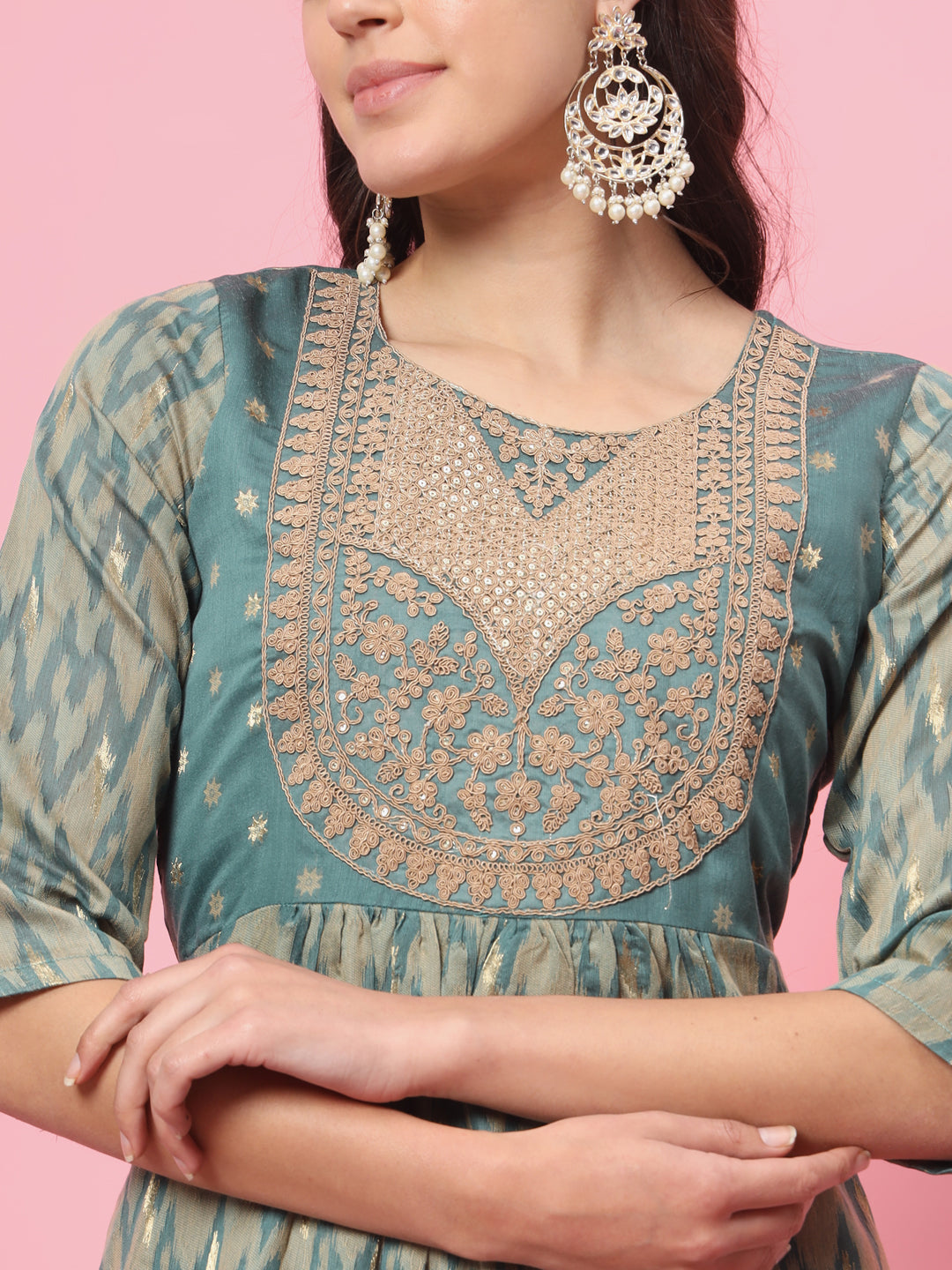 Zariya Flared Kurta and Trousers Pant Set Cotton Silk Blend - FitVibe Fashion