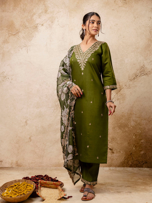 Basudha Embroidered Silk Blend Straight Suit With Dupatta - FitVibe Fashion
