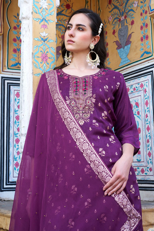 Arya Women Kurta and Pant Sets Dupatta Viscose Rayon Silk Blend with Handwork - FitVibe Fashion