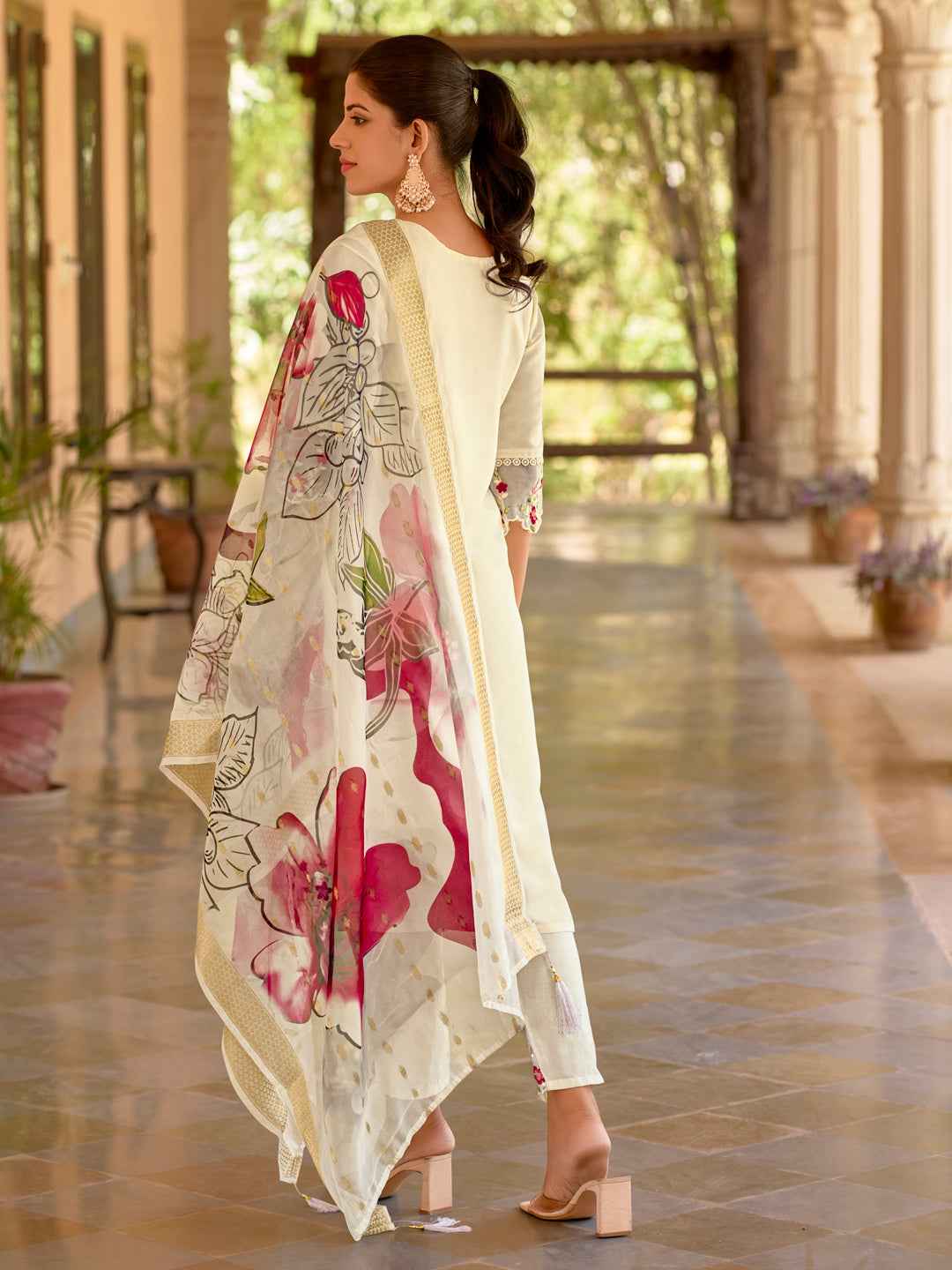 Aadhira Viscose Roman Silk Calf Length Kurta Set Dupatta