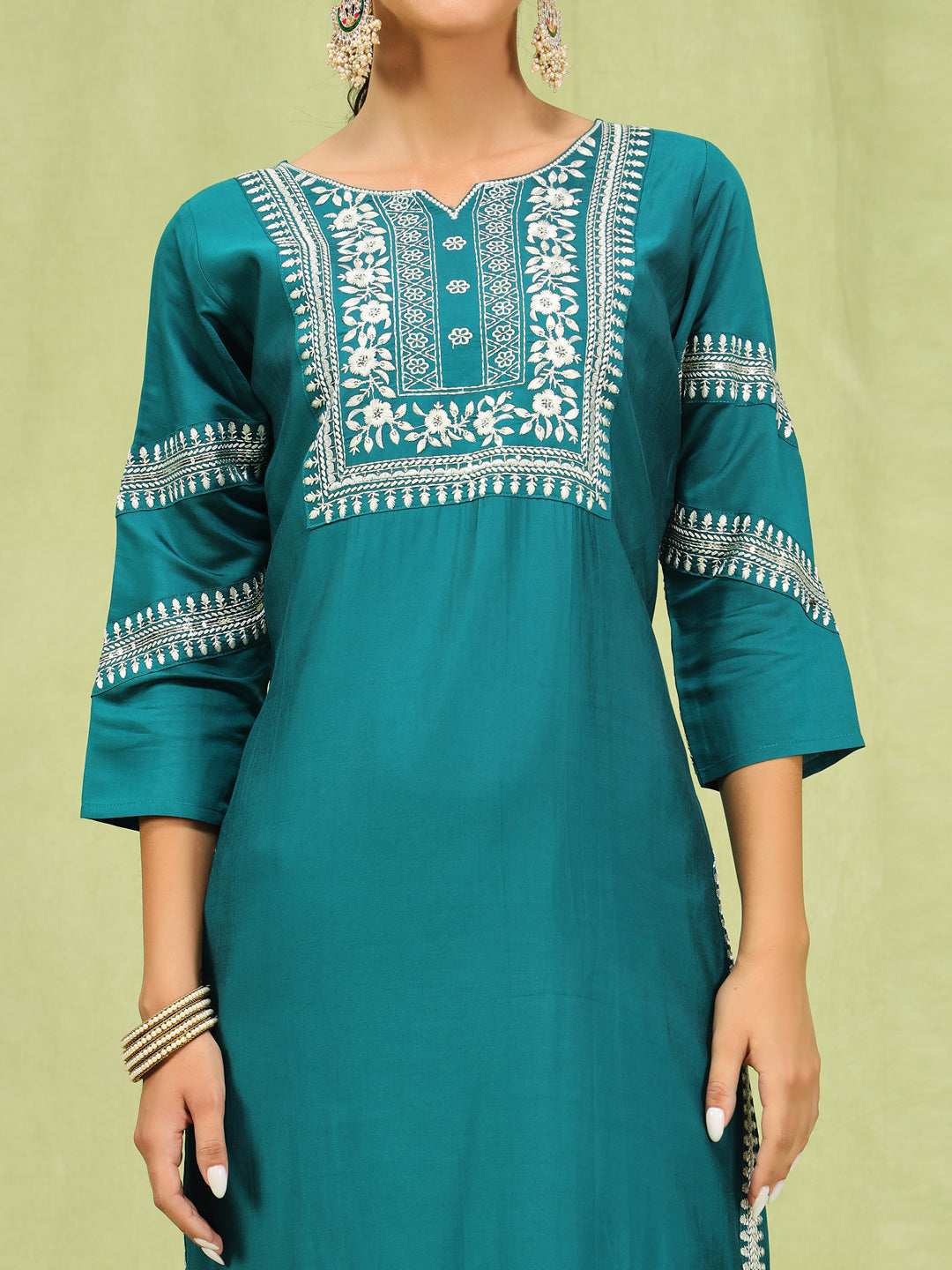 Nayika Women’s Viscose Roman Silk Embroidery Straight Kurta Pant with Dupatta Set - FitVibe Fashion