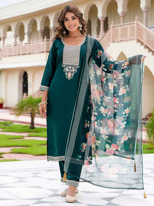 Aayushi Women’s Viscose Roman Silk Embroidery Straight Kurta Pant with Dupatta Set