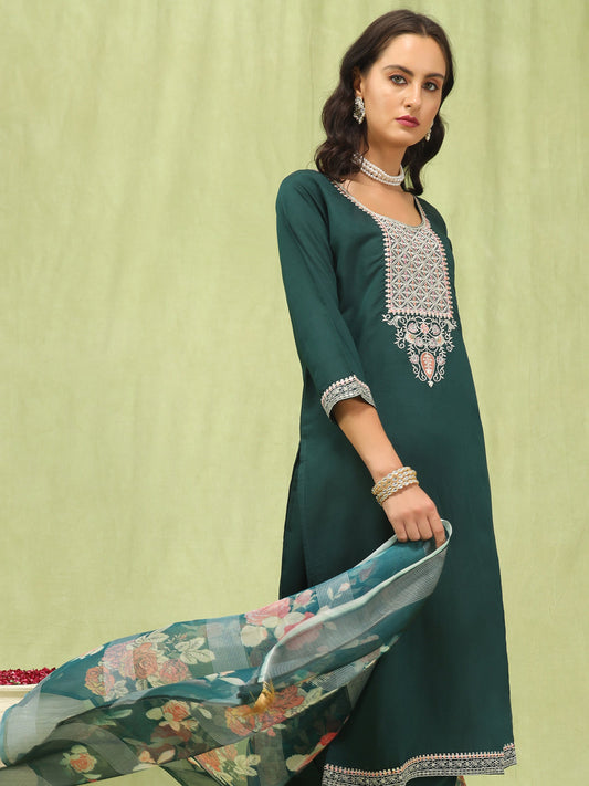 Kshatra Women’s Viscose Roman Silk Embroidery Straight Kurta Pant with Dupatta Set - FitVibe Fashion